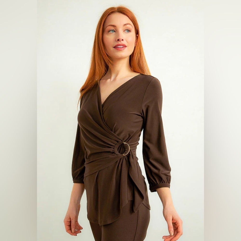 Joseph Ribkoff Wrap Top Style 213349 V Neck Mocha 3/4 Sleeve
